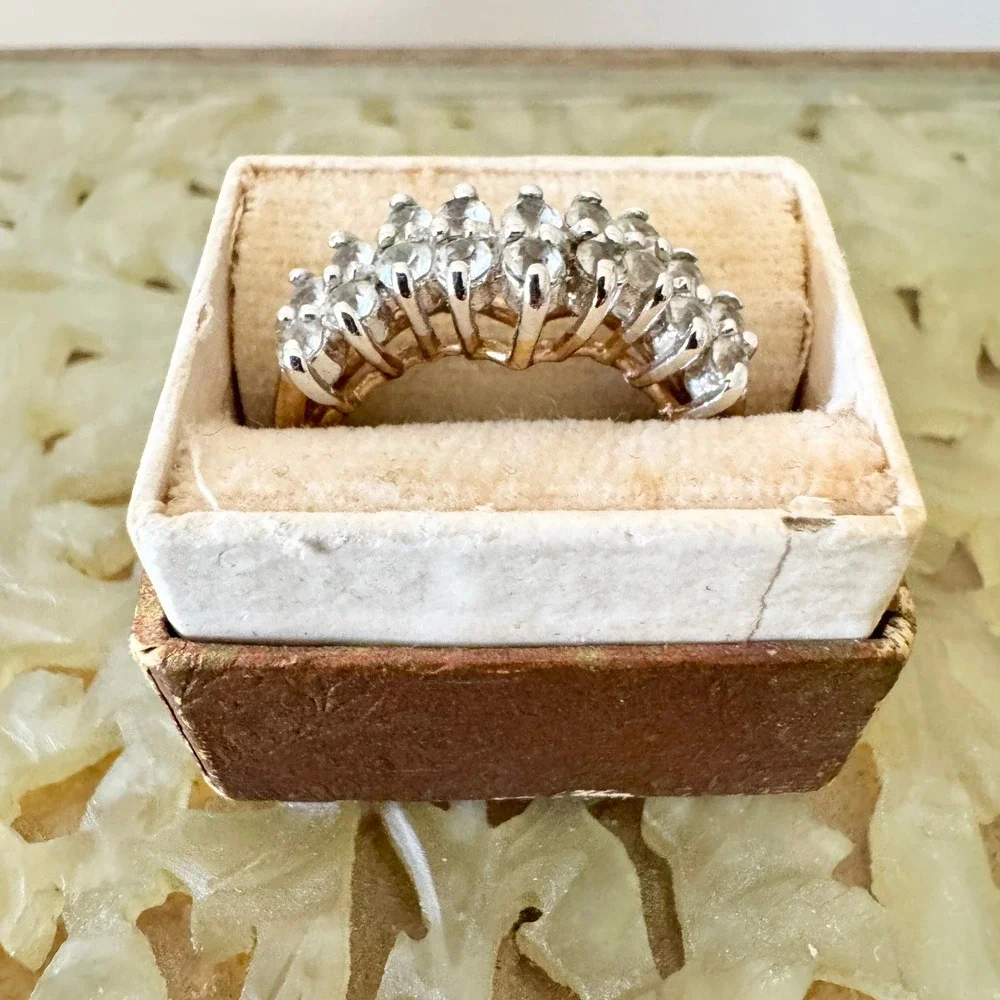 Vintage Gold Tone Multi Stone Cluster Cocktail Ring Size 8 Cubic‎ Zirconia 1980s